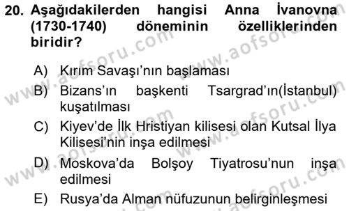 Rusya Tarihi Dersi 2023 - 2024 Yılı (Vize) Ara Sınav Soruları 20. Soru