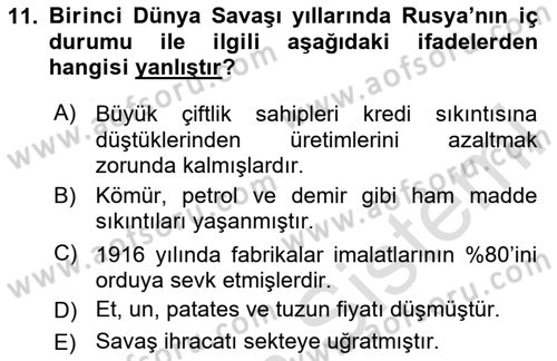 Rusya Tarihi Dersi 2023 - 2024 Yılı (Final) Dönem Sonu Sınav Soruları 11. Soru
