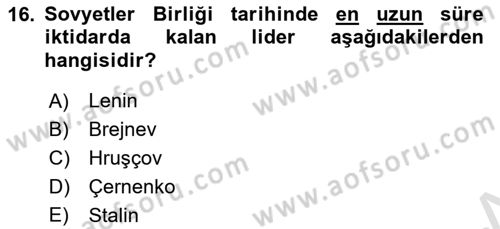 Rusya Tarihi Dersi 2023 - 2024 Yılı (Final) Dönem Sonu Sınav Soruları 16. Soru