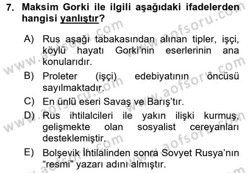 Rusya Tarihi Dersi 2023 - 2024 Yılı (Final) Dönem Sonu Sınav Soruları 7. Soru
