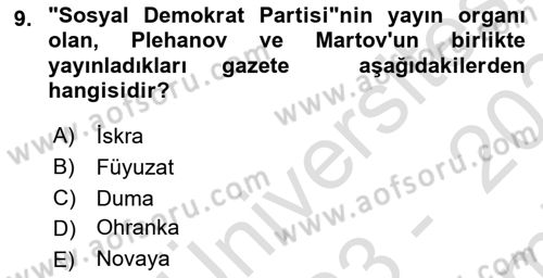 Rusya Tarihi Dersi 2023 - 2024 Yılı (Final) Dönem Sonu Sınav Soruları 9. Soru