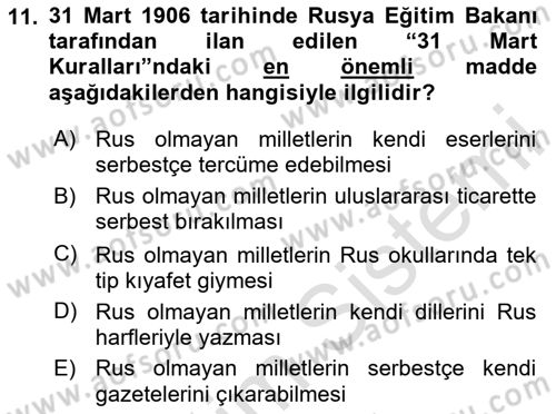 Rusya Tarihi Dersi 2023 - 2024 Yılı Yaz Okulu Sınav Soruları 11. Soru
