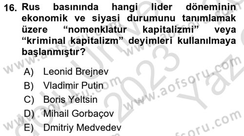 Rusya Tarihi Dersi 2023 - 2024 Yılı Yaz Okulu Sınav Soruları 16. Soru