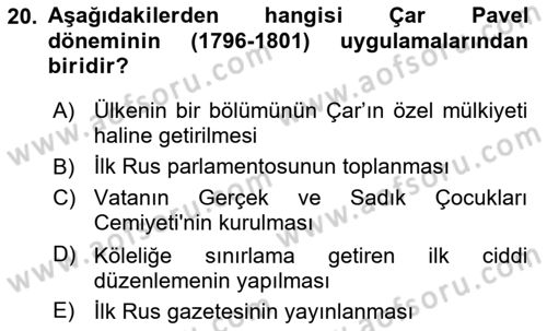 Rusya Tarihi Dersi 2024 - 2025 Yılı (Vize) Ara Sınav Soruları 20. Soru