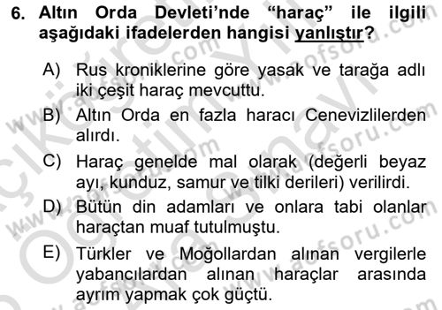 Rusya Tarihi Dersi 2024 - 2025 Yılı (Vize) Ara Sınav Soruları 6. Soru