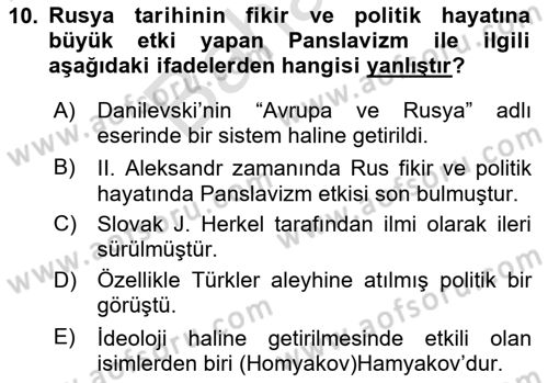 Rusya Tarihi Dersi 2024 - 2025 Yılı (Final) Dönem Sonu Sınav Soruları 10. Soru