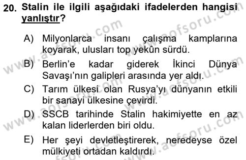 Rusya Tarihi Dersi 2024 - 2025 Yılı (Final) Dönem Sonu Sınav Soruları 20. Soru