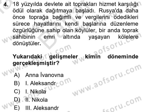 Rusya Tarihi Dersi 2024 - 2025 Yılı (Final) Dönem Sonu Sınav Soruları 4. Soru