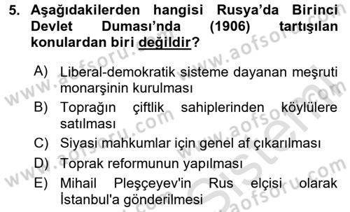 Rusya Tarihi Dersi 2024 - 2025 Yılı (Final) Dönem Sonu Sınav Soruları 5. Soru