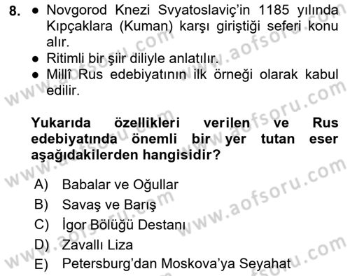 Rusya Tarihi Dersi 2024 - 2025 Yılı (Final) Dönem Sonu Sınav Soruları 8. Soru
