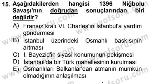 Osmanlı Tarihi (1300-1566) Dersi 2012 - 2013 Yılı (Vize) Ara Sınav Soruları 15. Soru