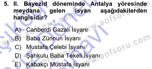 Osmanlı Tarihi (1300-1566) Dersi 2015 - 2016 Yılı (Final) Dönem Sonu Sınavı 5. Soru