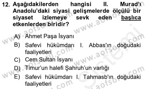 Osmanlı Tarihi (1300-1566) Dersi 2018 - 2019 Yılı (Vize) Ara Sınav Soruları 12. Soru