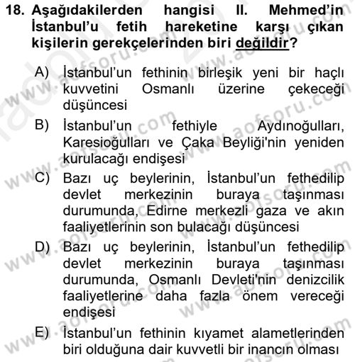 Osmanlı Tarihi (1300-1566) Dersi 2018 - 2019 Yılı (Vize) Ara Sınav Soruları 18. Soru