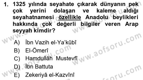 Osmanlı Tarihi (1300-1566) Dersi 2021 - 2022 Yılı (Vize) Ara Sınav Soruları 1. Soru