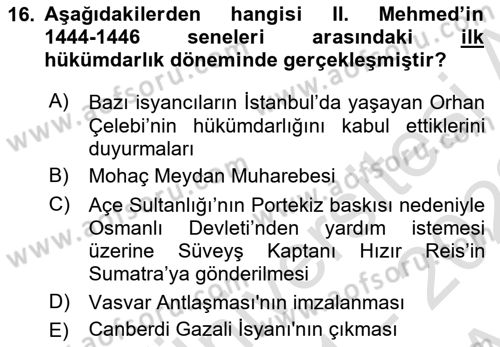 Osmanlı Tarihi (1300-1566) Dersi 2021 - 2022 Yılı (Vize) Ara Sınav Soruları 16. Soru