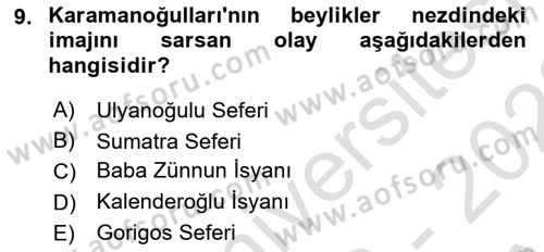 Osmanlı Tarihi (1300-1566) Dersi 2022 - 2023 Yılı (Vize) Ara Sınav Soruları 9. Soru