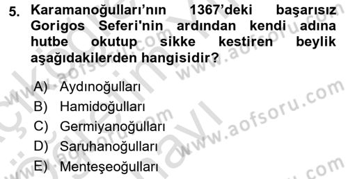 Osmanlı Tarihi (1300-1566) Dersi 2022 - 2023 Yılı Yaz Okulu Sınav Soruları 5. Soru