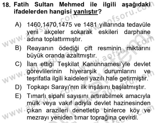 Osmanlı Tarihi (1300-1566) Dersi 2023 - 2024 Yılı (Vize) Ara Sınav Soruları 18. Soru