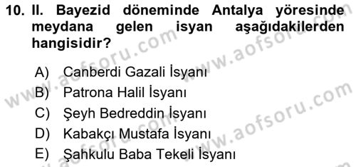 Osmanlı Tarihi (1300-1566) Dersi 2024 - 2025 Yılı Yaz Okulu Sınav Soruları 10. Soru