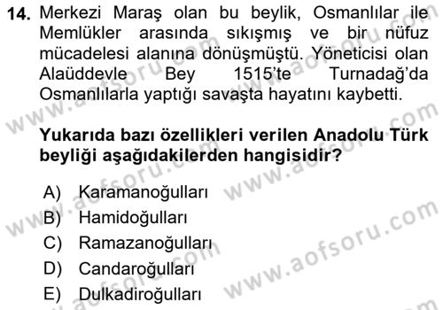 Osmanlı Tarihi (1300-1566) Dersi 2024 - 2025 Yılı Yaz Okulu Sınav Soruları 14. Soru