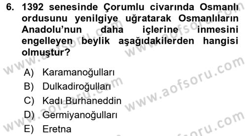 Osmanlı Tarihi (1300-1566) Dersi 2024 - 2025 Yılı Yaz Okulu Sınav Soruları 6. Soru