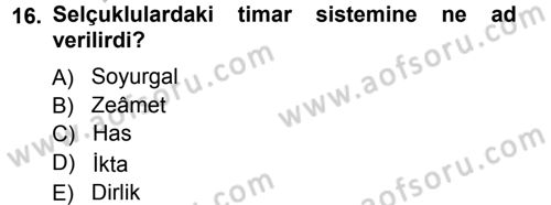 Osmanlı Merkez ve Taşra Teşkilatı Dersi Ara Sınavı Deneme Sınav Soruları 16. Soru