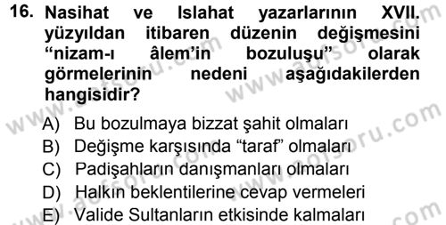 Osmanlı Merkez ve Taşra Teşkilatı Dersi 2012 - 2013 Yılı (Final) Dönem Sonu Sınav Soruları 16. Soru