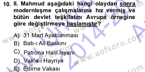Osmanlı Merkez ve Taşra Teşkilatı Dersi Ara Sınavı Deneme Sınav Soruları 10. Soru