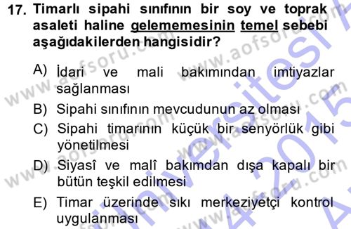 Osmanlı Merkez ve Taşra Teşkilatı Dersi Ara Sınavı Deneme Sınav Soruları 17. Soru