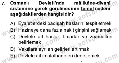 Osmanlı Merkez ve Taşra Teşkilatı Dersi Ara Sınavı Deneme Sınav Soruları 7. Soru