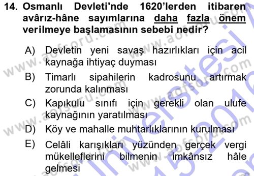 Osmanlı Merkez ve Taşra Teşkilatı Dersi 2015 - 2016 Yılı (Final) Dönem Sonu Sınav Soruları 14. Soru