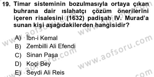 Osmanlı Merkez ve Taşra Teşkilatı Dersi Ara Sınavı Deneme Sınav Soruları 19. Soru