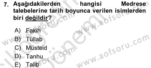 Osmanlı Merkez ve Taşra Teşkilatı Dersi 2017 - 2018 Yılı (Vize) Ara Sınav Soruları 7. Soru