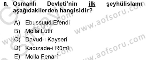Osmanlı Merkez ve Taşra Teşkilatı Dersi 2017 - 2018 Yılı (Vize) Ara Sınav Soruları 8. Soru
