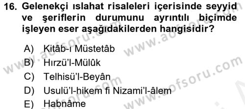 Osmanlı Merkez ve Taşra Teşkilatı Dersi 2017 - 2018 Yılı (Final) Dönem Sonu Sınavı 16. Soru