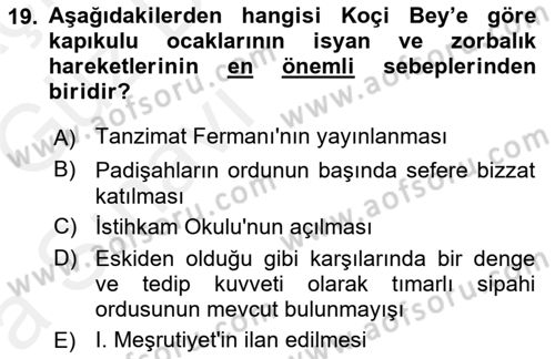 Osmanlı Merkez ve Taşra Teşkilatı Dersi Ara Sınavı Deneme Sınav Soruları 19. Soru