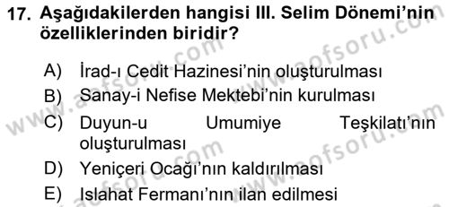 Osmanlı Merkez ve Taşra Teşkilatı Dersi 2018 - 2019 Yılı (Final) Dönem Sonu Sınav Soruları 17. Soru