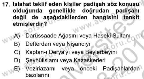 Osmanlı Merkez ve Taşra Teşkilatı Dersi 2018 - 2019 Yılı Yaz Okulu Sınav Soruları 17. Soru