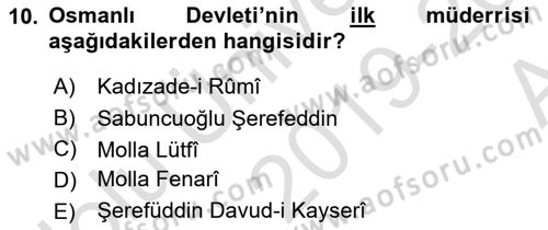 Osmanlı Merkez ve Taşra Teşkilatı Dersi 2019 - 2020 Yılı (Vize) Ara Sınavı 10. Soru