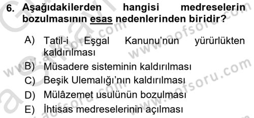 Osmanlı Merkez ve Taşra Teşkilatı Dersi 2019 - 2020 Yılı (Vize) Ara Sınavı 6. Soru