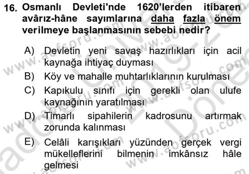 Osmanlı Merkez ve Taşra Teşkilatı Dersi 2019 - 2020 Yılı (Final) Dönem Sonu Sınav Soruları 16. Soru