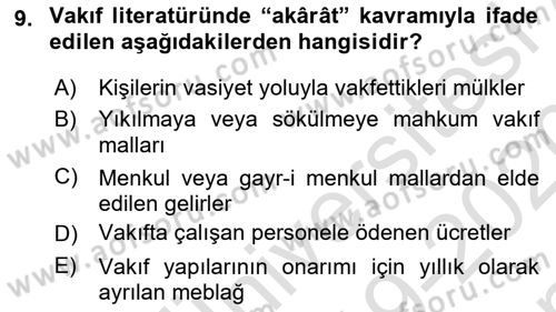 Osmanlı Merkez ve Taşra Teşkilatı Dersi 2019 - 2020 Yılı (Final) Dönem Sonu Sınav Soruları 9. Soru