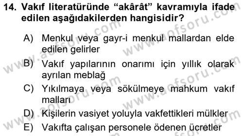 Osmanlı Merkez ve Taşra Teşkilatı Dersi 2020 - 2021 Yılı Yaz Okulu Sınav Soruları 14. Soru