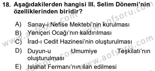 Osmanlı Merkez ve Taşra Teşkilatı Dersi 2020 - 2021 Yılı Yaz Okulu Sınav Soruları 18. Soru