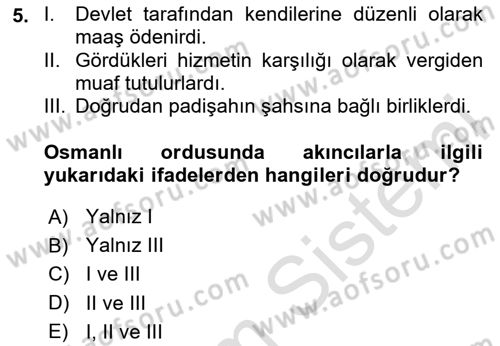 Osmanlı Merkez ve Taşra Teşkilatı Dersi 2020 - 2021 Yılı Yaz Okulu Sınav Soruları 5. Soru