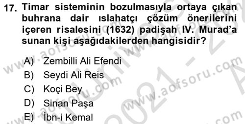 Osmanlı Merkez ve Taşra Teşkilatı Dersi Ara Sınavı Deneme Sınav Soruları 17. Soru