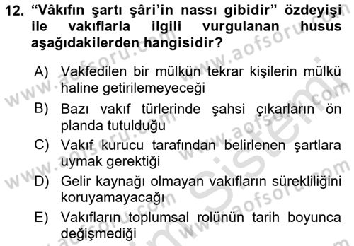 Osmanlı Merkez ve Taşra Teşkilatı Dersi 2021 - 2022 Yılı Yaz Okulu Sınav Soruları 12. Soru