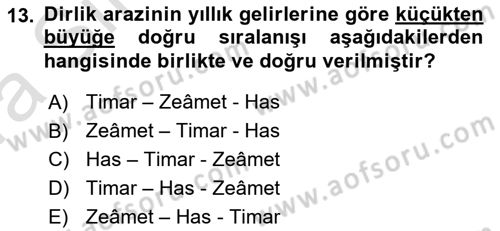 Osmanlı Merkez ve Taşra Teşkilatı Dersi 2022 - 2023 Yılı (Vize) Ara Sınavı 13. Soru