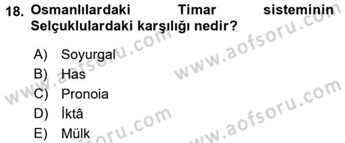 Osmanlı Merkez ve Taşra Teşkilatı Dersi 2022 - 2023 Yılı (Vize) Ara Sınavı 18. Soru